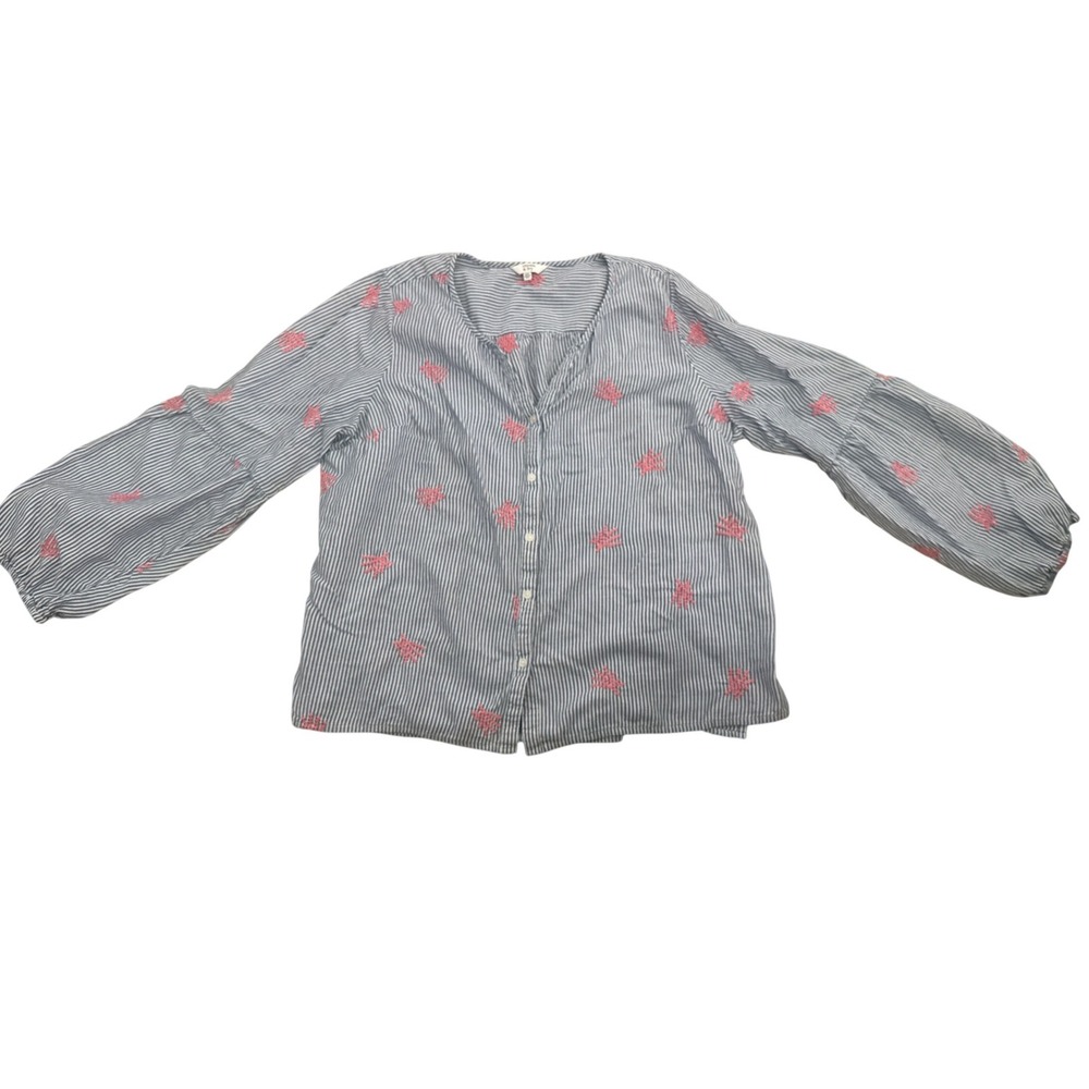 Crown & Ivy XXL Blue White Striped Pink Coral Embroidered Puff Sleeve Blouse
